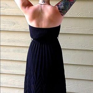 Black pleated strapless maxi dress with tie-waist